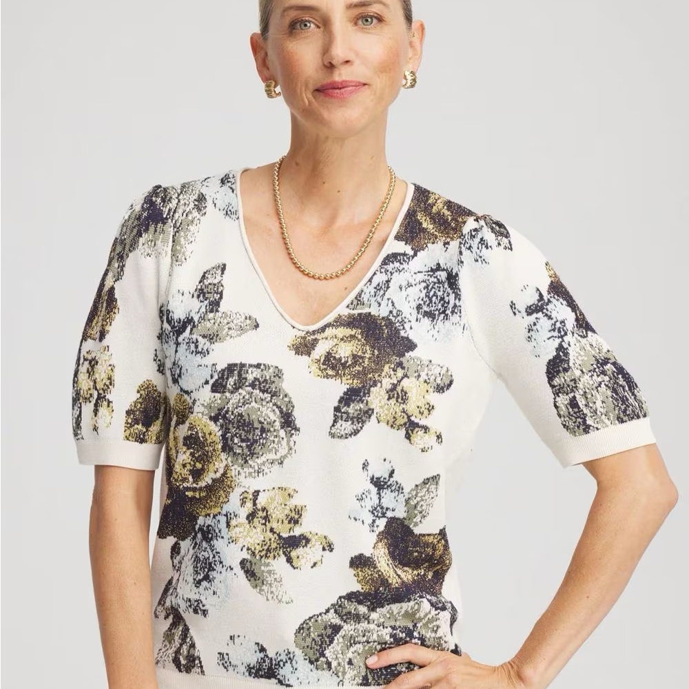 NWT Chico's Floral V-Neck Sweater (cream, black, blue, yellow, copper thread) - Picture 2 of 5